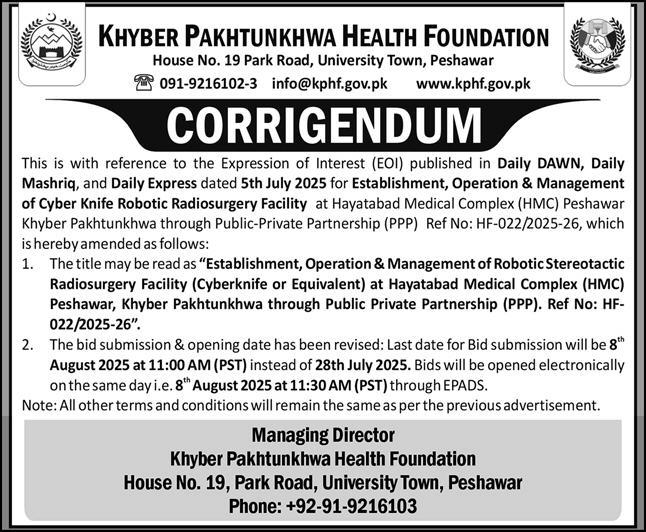 Khyber Pakhtunkhwa Health Foundation Peshawar Tender Notice